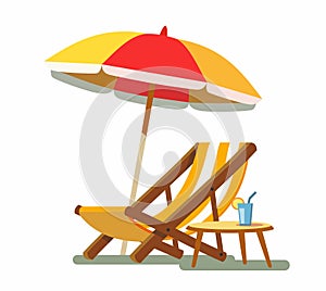 Deckchair and umbrella on the beach.