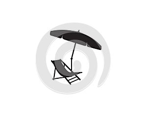 Deckchair umbrella summer beach holiday symbol silhouette icon. Chaise longue, parasol isolated. Sunbath beach resort symbol of