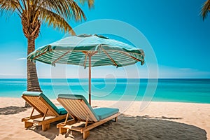 Deckchairs and parasol with palm trees in tropical beach