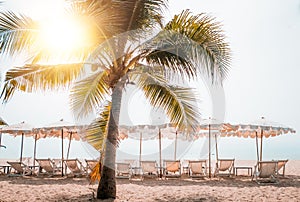 Deckchairs And Parasol With Palm Trees In The Tropical Beach.Beach in Thailand Asia and umbrellas on the beach