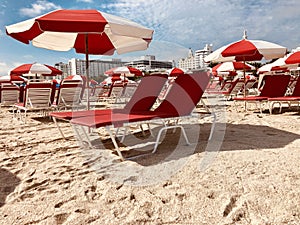 deckchairs and parasols at Miami Beach, Florida, USA