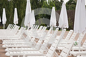 deckchairs at rest zone. summer beach vacation. summertime lifestyle. outdoor resort at poolside. pool sunbed and sun lounger