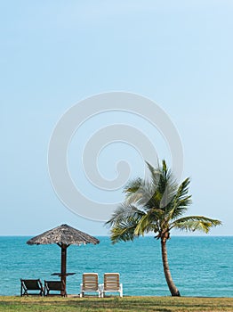 Deckchairs, sea and palms, very beautiful nature