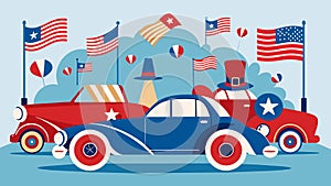Decked out in patriotic colors and symbols the antique cars bring a touch of glamour and elegance to the lively photo