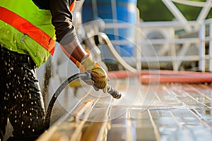 deckhand in safety vest cleaning the deck with a hose