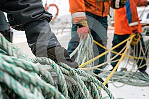 deckhands coiling ropes on a sailing boat deck photo