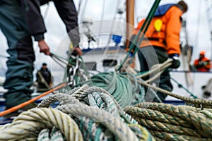 deckhands coiling ropes on a sailing boat deck photo