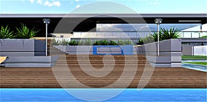 Decking area near the pool of the contemporary elite family house. Wooden steps up to covered terrace. 3d rendering