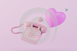declaration of love on the phone. a vintage phone from which hearts fly out on a pastel background. 3D render