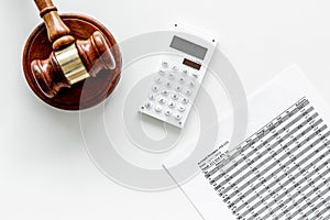 Declare bankruptcy concept. Judge gavel, financial documents, calculator on white background top view copy space