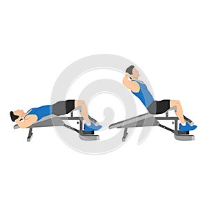 Decline bench crunches exercise. Sit ups flat vector illustration