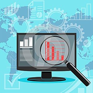 Decline Graph with optical glass, world map background