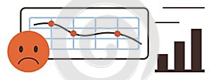 Declining Chart with Sad Face and Bar Graph Representing Negative Trend and Challenges