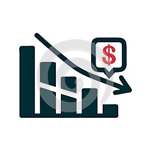 Declining financial chart icon with downward arrow showing loss decrease and negative dollar trend