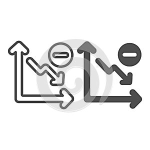 Declining graph with arrow going down and minus line and solid icon, diagram concept, chart vector sign on white