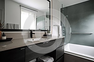 decluttered bathroom with streamlined vanity, sleek faucets and clear countertops