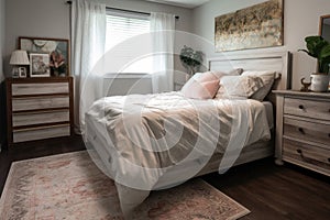 decluttered bedroom, with neatly made bed and organized dressers