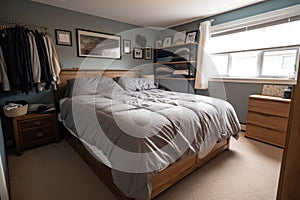 decluttered bedroom, with neatly made bed and organized dressers