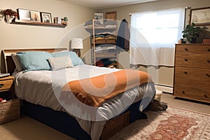 decluttered bedroom, with neatly made bed and organized dressers