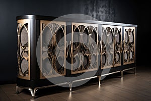 deco credenza with intricate metalwork, glass and leather