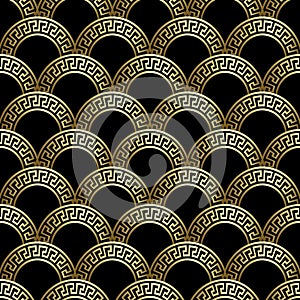Deco seamless pattern. Greek ornamental background. Repeat vector curves backdrop. Greek key meanders gold 3d deco photo