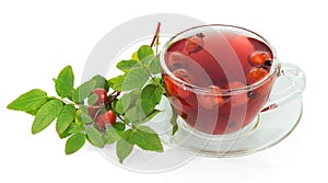 Decoction of rose hips in Cup with saucer, branch with leaves and fruits isolated on white