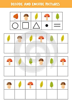 Decode and encode pictures. Write the symbols under cute autumn leaves.