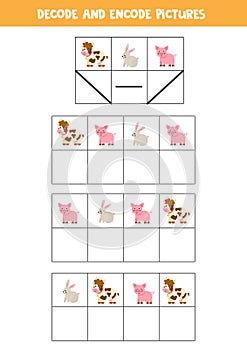 Decode and encode pictures. Write the symbols under cute farm animals.