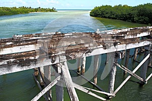 Decommissioned wooden bridge from mainland to Boca Paila Peninsula, Puente de Boca Paila, Q.R., Mexico