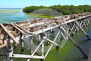 Decommissioned wooden bridge from mainland to Boca Paila Peninsula, Puente de Boca Paila, Q.R., Mexico