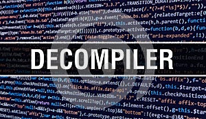 Decompiler concept with Random Parts of Program Code. Decompiler with Programming code abstract technology background of software