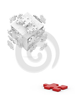 Decomposed cube of puzzle and red element photo
