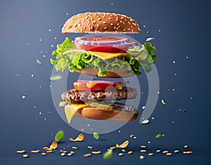 A deconstructed burger with its ingredients floating mid-air, showcasing fresh lettuce, tomato, cheese, triple beef