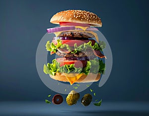 A deconstructed burger with its ingredients floating mid-air, showcasing fresh lettuce, tomato, cheese, triple beef