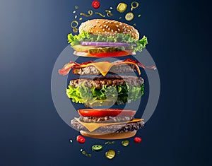 A deconstructed burger with its ingredients floating mid-air, showcasing fresh lettuce, tomato, cheese, triple beef