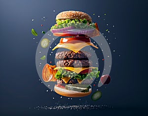 A deconstructed burger with its ingredients floating mid-air, showcasing fresh lettuce, tomato, cheese, triple beef