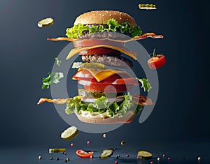 A deconstructed burger with its ingredients floating mid-air, showcasing fresh lettuce, tomato, cheese, triple beef