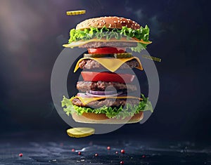 A deconstructed burger with its ingredients floating mid-air, showcasing fresh lettuce, tomato, cheese, triple beef