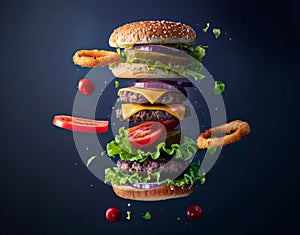 A deconstructed burger with its ingredients floating mid-air, showcasing fresh lettuce, tomato, cheese, triple beef