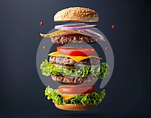 A deconstructed burger with its ingredients floating mid-air, showcasing fresh lettuce, tomato, cheese, triple beef