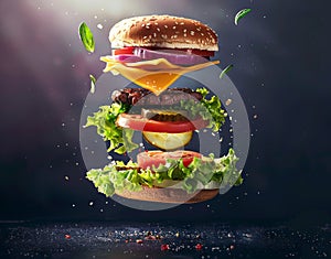 A deconstructed burger with its ingredients floating mid-air, showcasing fresh lettuce, tomato, cheese, triple beef