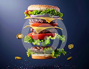 A deconstructed burger with its ingredients floating mid-air, showcasing fresh lettuce, tomato, cheese, triple beef