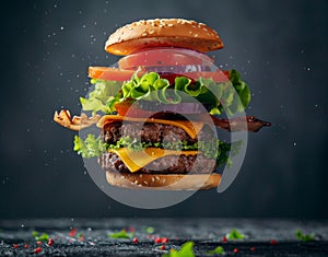 A deconstructed burger with its ingredients floating mid-air, showcasing fresh lettuce, tomato, cheese, triple beef