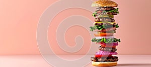 Deconstructed burger layers floating on pastel background with ample copy space for text placement