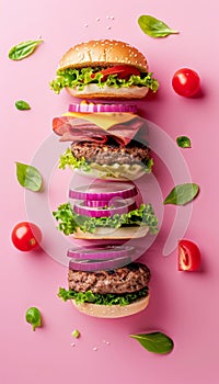Deconstructed burger layers floating on pastel background with ample space for text placement