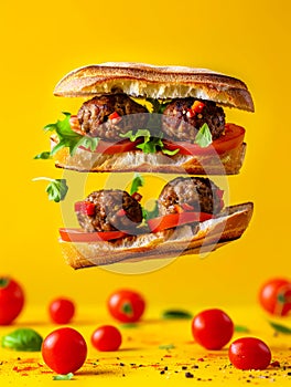 Deconstructed Gourmet Beef Meatball Sandwich with Fresh Tomato and Greens on Yellow Background