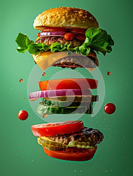 Deconstructed Hamburger with Floating Ingredients on Green Background, Creative Fast Food Concept