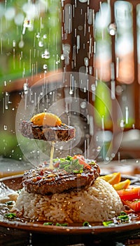 Deconstructed Hamburger with floating ingredients, rice, and vegetables on a plate with falling rain effect