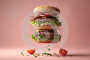 Deconstructed hamburger layers floating on soft pastel background with copy space