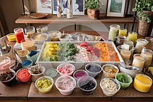 deconstructed recipe ingredients arranged in a messy and colorful display